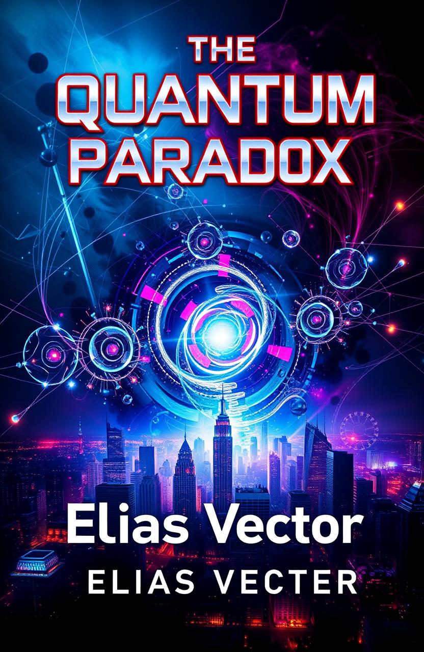 A stunning book cover design for 'The Quantum Paradox' by Elias Vector, featuring a visually striking representation of quantum physics concepts