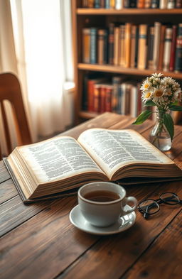 A cozy wooden table in a warmly lit room featuring an open book resting peacefully on it