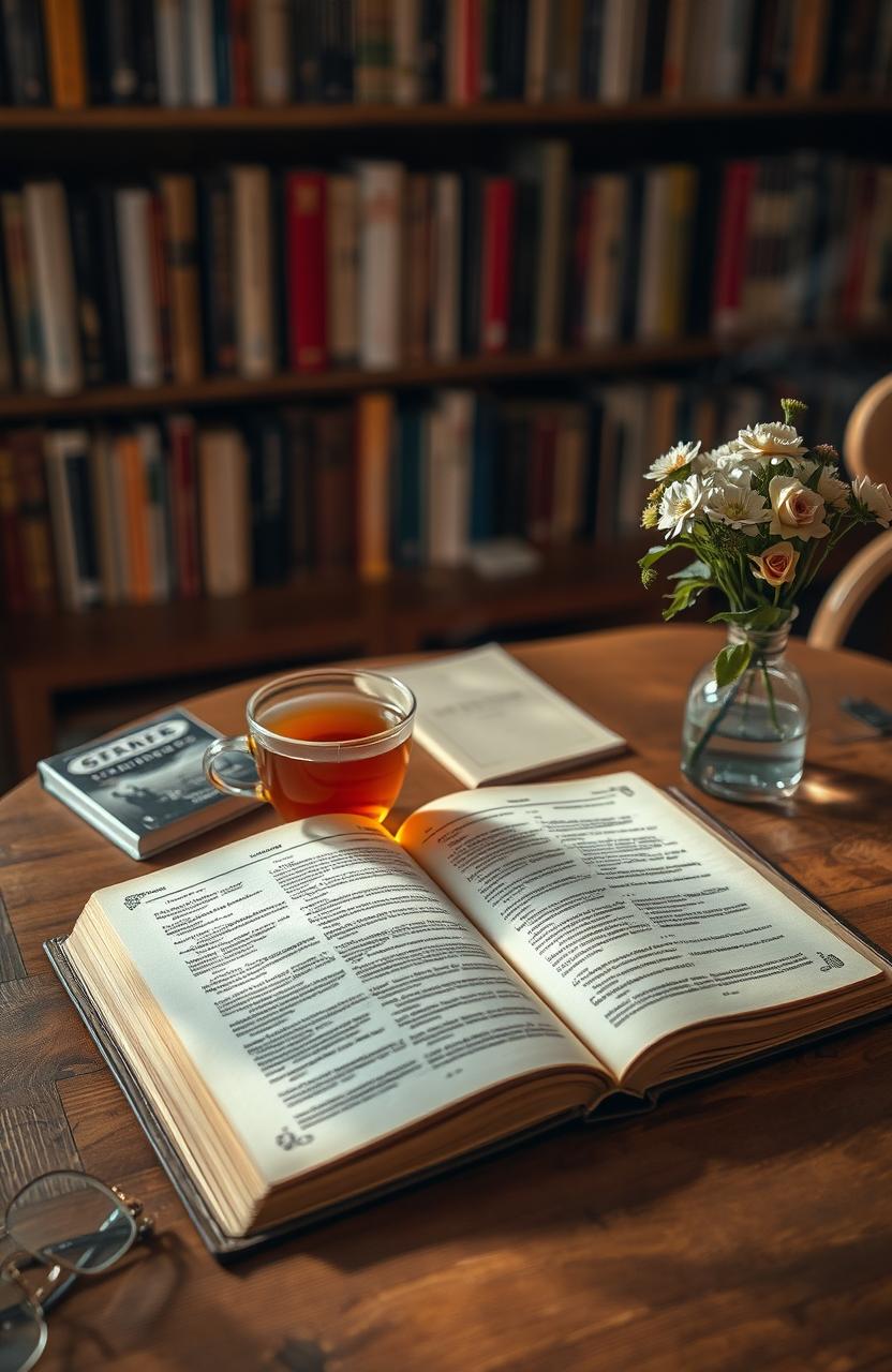 A cozy wooden table in a warmly lit room featuring an open book resting peacefully on it