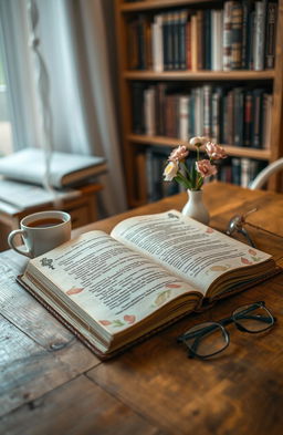 A cozy wooden table in a warmly lit room featuring an open book resting peacefully on it