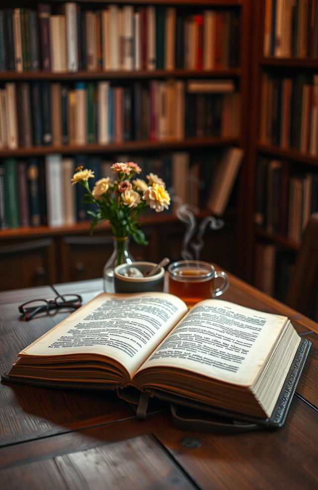 A cozy wooden table in a warmly lit room featuring an open book resting peacefully on it