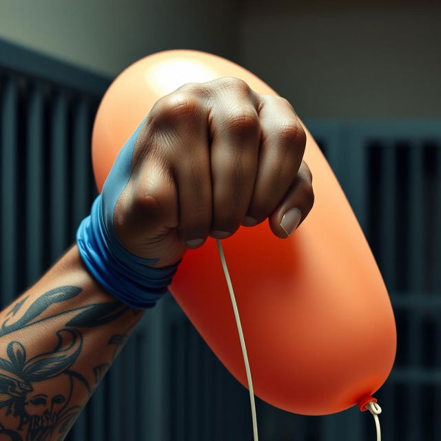 An extreme close-up of a large, muscular African American arm, showcasing intricate prison tattoos