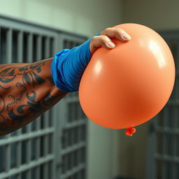 An extreme close-up of a large, muscular African American arm, showcasing intricate prison tattoos