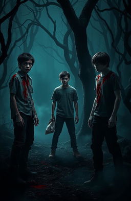 A dramatic scene depicting three teenagers in a terrifying, secluded area surrounded by dark, twisted trees and dense fog