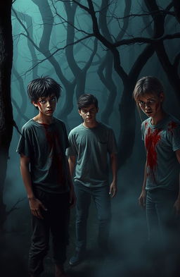 A dramatic scene depicting three teenagers in a terrifying, secluded area surrounded by dark, twisted trees and dense fog