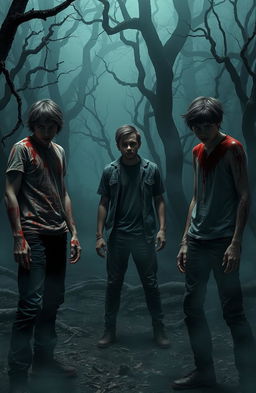 A dramatic scene depicting three teenagers in a terrifying, secluded area surrounded by dark, twisted trees and dense fog