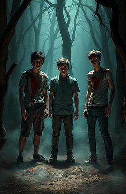 A dramatic scene depicting three teenagers in a terrifying, secluded area surrounded by dark, twisted trees and dense fog