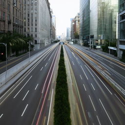 A daytime view of a major city road, notable for its lack of human traffic, with just a few cars adding to the urban scenery.