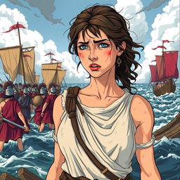 A vividly illustrated scene featuring a troubled female slave set in ancient Rome, surrounded by the chaos of war and sailing galleys