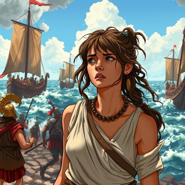 A vividly illustrated scene featuring a troubled female slave set in ancient Rome, surrounded by the chaos of war and sailing galleys