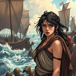 A vividly illustrated scene featuring a troubled female slave set in ancient Rome, surrounded by the chaos of war and sailing galleys