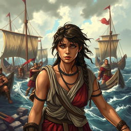 A vividly illustrated scene featuring a troubled female slave set in ancient Rome, surrounded by the chaos of war and sailing galleys