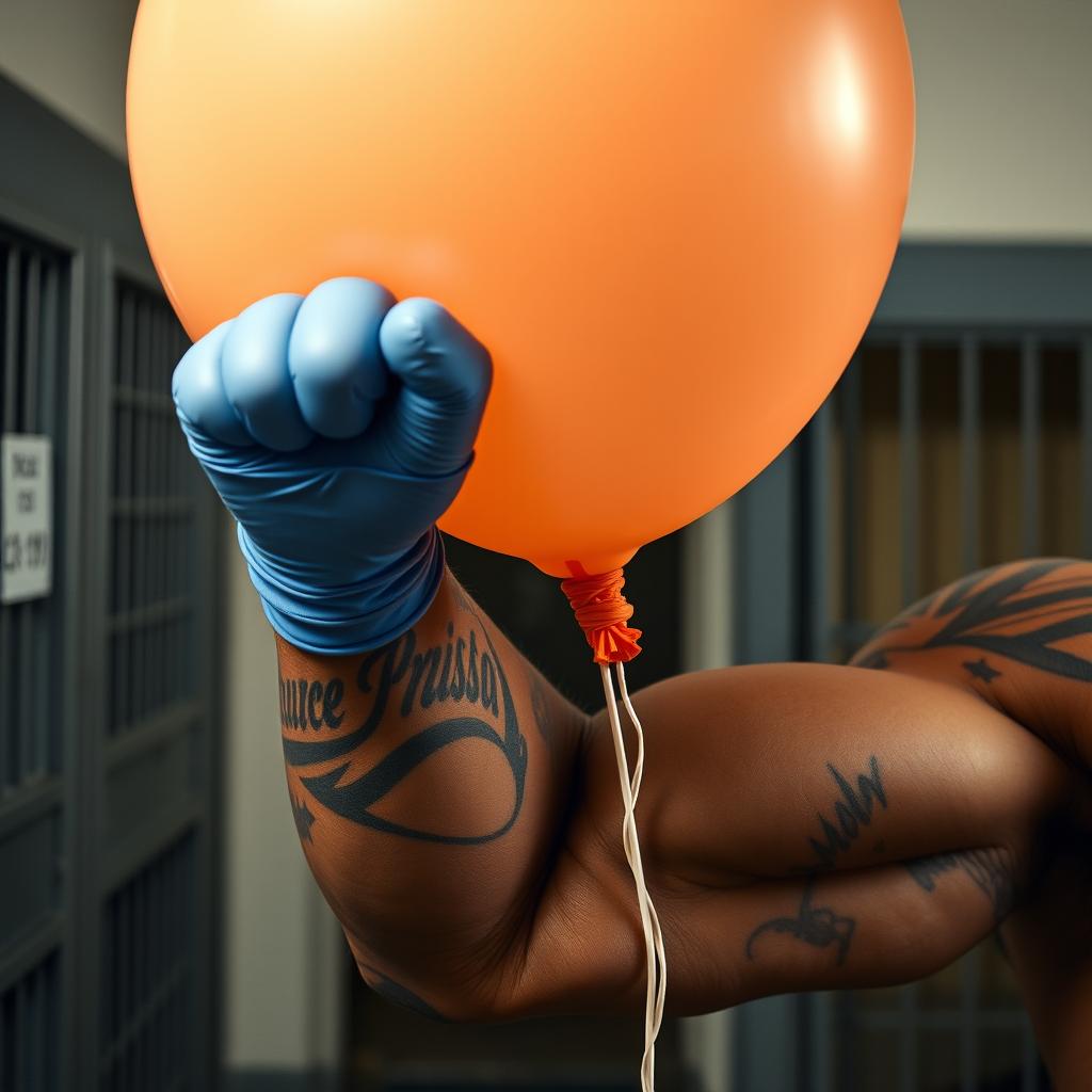 An extreme close-up of a large muscular African American arm, showcasing intricate prison tattoos