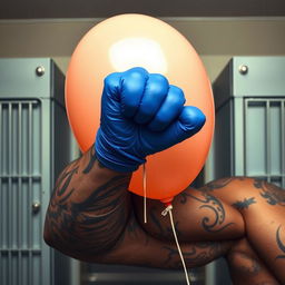 An extreme close-up of a large muscular African American arm, showcasing intricate prison tattoos