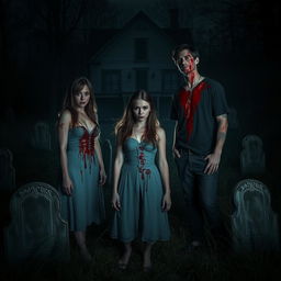 A tense and eerie scene featuring a woman and a man drenched in bright red blood, standing on either side of a third woman in the center