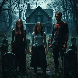 A tense and eerie scene featuring a woman and a man drenched in bright red blood, standing on either side of a third woman in the center