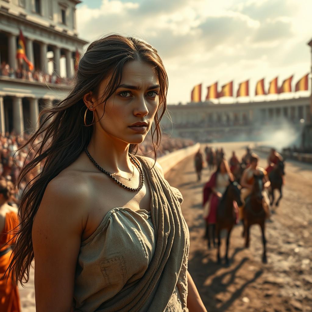 A troubled female slave in ancient Rome, standing amidst the chaos of the Circus Maximus during a thrilling chariot race