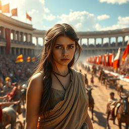 A troubled female slave in ancient Rome, standing amidst the chaos of the Circus Maximus during a thrilling chariot race
