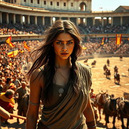 A troubled female slave in ancient Rome, standing amidst the chaos of the Circus Maximus during a thrilling chariot race
