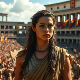 A troubled female slave in ancient Rome, standing amidst the chaos of the Circus Maximus during a thrilling chariot race