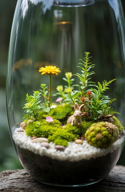 A stunning living terrarium scene featuring various vibrant plants and a miniature ecosystem inside a glass container
