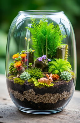 A stunning living terrarium scene featuring various vibrant plants and a miniature ecosystem inside a glass container