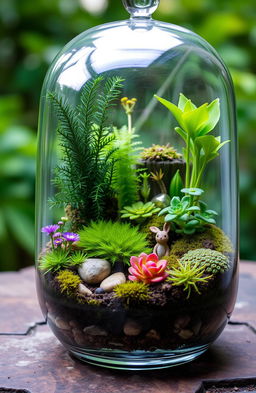 A stunning living terrarium scene featuring various vibrant plants and a miniature ecosystem inside a glass container