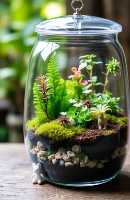 A stunning living terrarium scene featuring various vibrant plants and a miniature ecosystem inside a glass container