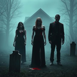 An ominous and chilling scene featuring a woman and a man drenched in bright red blood, standing ominously on either side of a third woman in the center