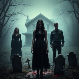 An ominous and chilling scene featuring a woman and a man drenched in bright red blood, standing ominously on either side of a third woman in the center