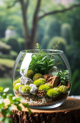 A beautifully designed living terrarium, featuring a glass container filled with lush green plants, ferns, and moss