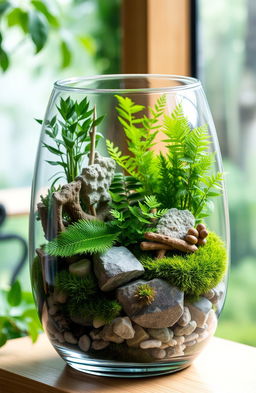 A beautifully designed living terrarium, featuring a glass container filled with lush green plants, ferns, and moss