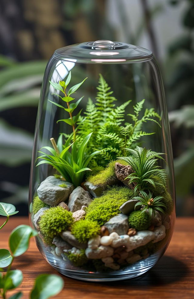 A beautifully designed living terrarium, featuring a glass container filled with lush green plants, ferns, and moss