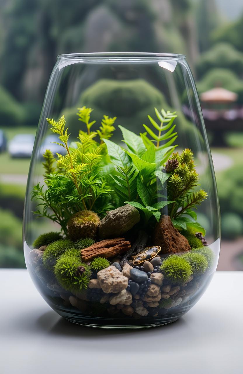 A beautifully designed living terrarium, featuring a glass container filled with lush green plants, ferns, and moss