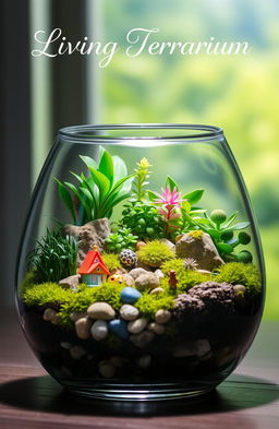 A beautifully arranged living terrarium that showcases a vibrant ecosystem within a glass container, featuring lush green plants of various sizes, colorful moss, tiny decorative stones, and a miniature fairy garden scene complete with small figurines