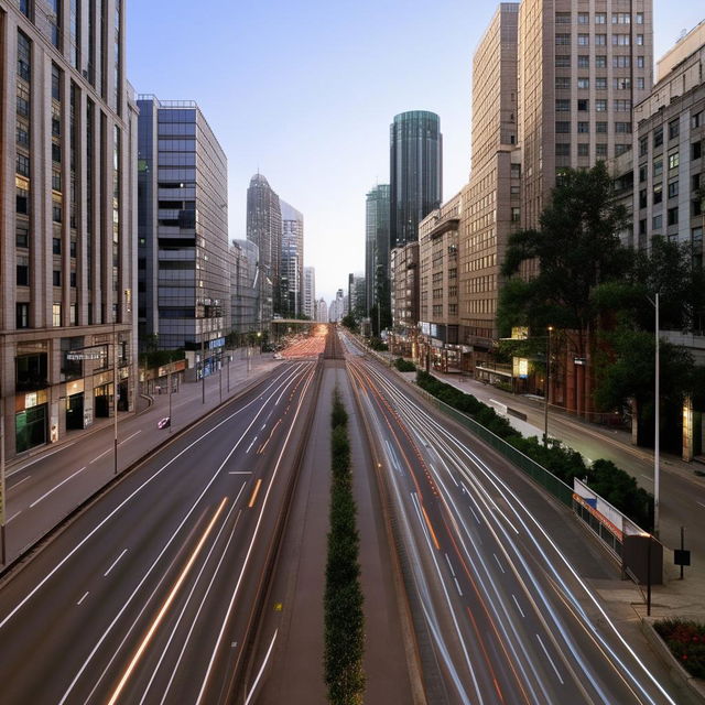 A daytime view of a major city road, notable for its lack of human traffic, with just a few cars adding to the urban scenery.