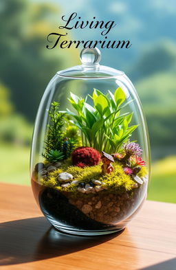 A beautifully arranged living terrarium that showcases a vibrant ecosystem within a glass container, featuring lush green plants of various sizes, colorful moss, tiny decorative stones, and a miniature fairy garden scene complete with small figurines