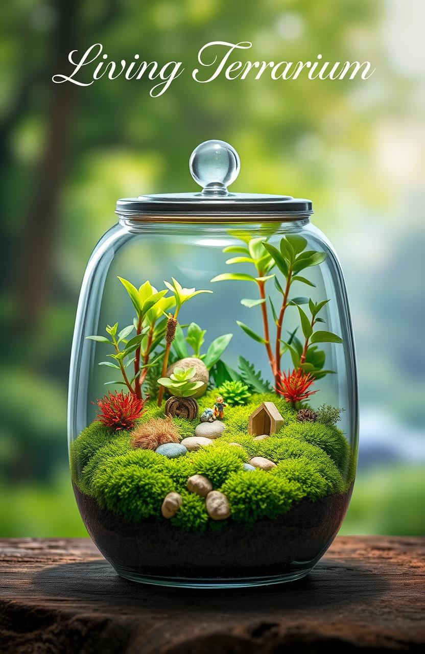 A beautifully arranged living terrarium that showcases a vibrant ecosystem within a glass container, featuring lush green plants of various sizes, colorful moss, tiny decorative stones, and a miniature fairy garden scene complete with small figurines