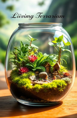 A beautifully arranged living terrarium that showcases a vibrant ecosystem within a glass container, featuring lush green plants of various sizes, colorful moss, tiny decorative stones, and a miniature fairy garden scene complete with small figurines