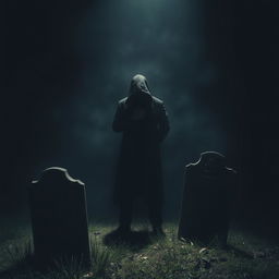 A mysterious scene depicting a single figure shrouded in darkness, making their identity unclear