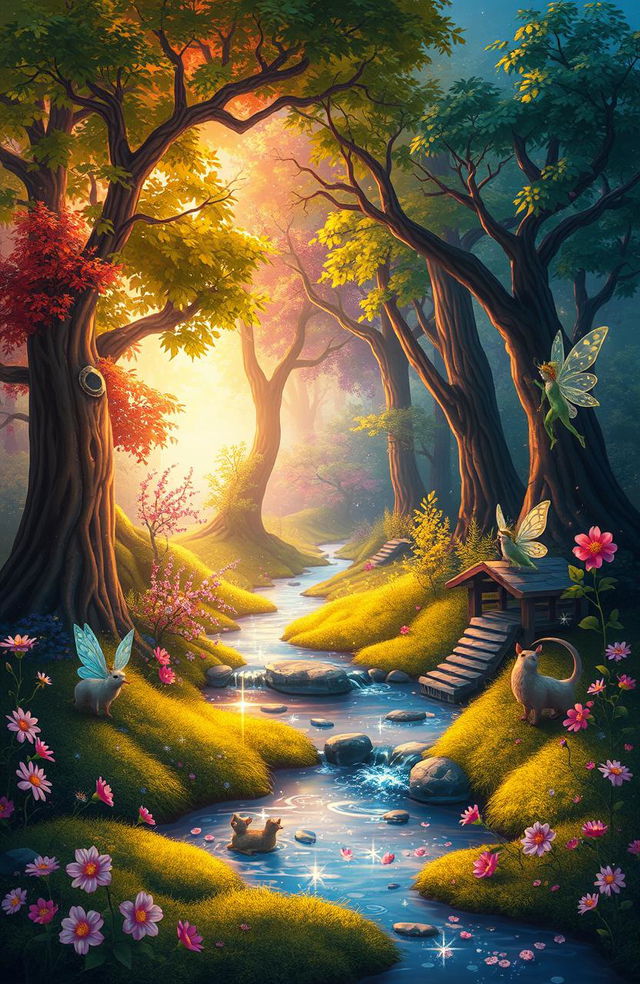 A vibrant and whimsical digital painting of an enchanted forest during twilight