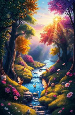A vibrant and whimsical digital painting of an enchanted forest during twilight