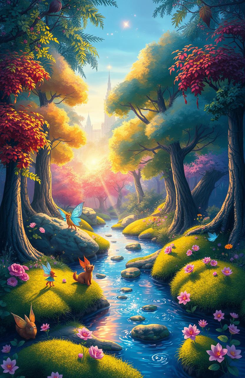 A vibrant and whimsical digital painting of an enchanted forest during twilight