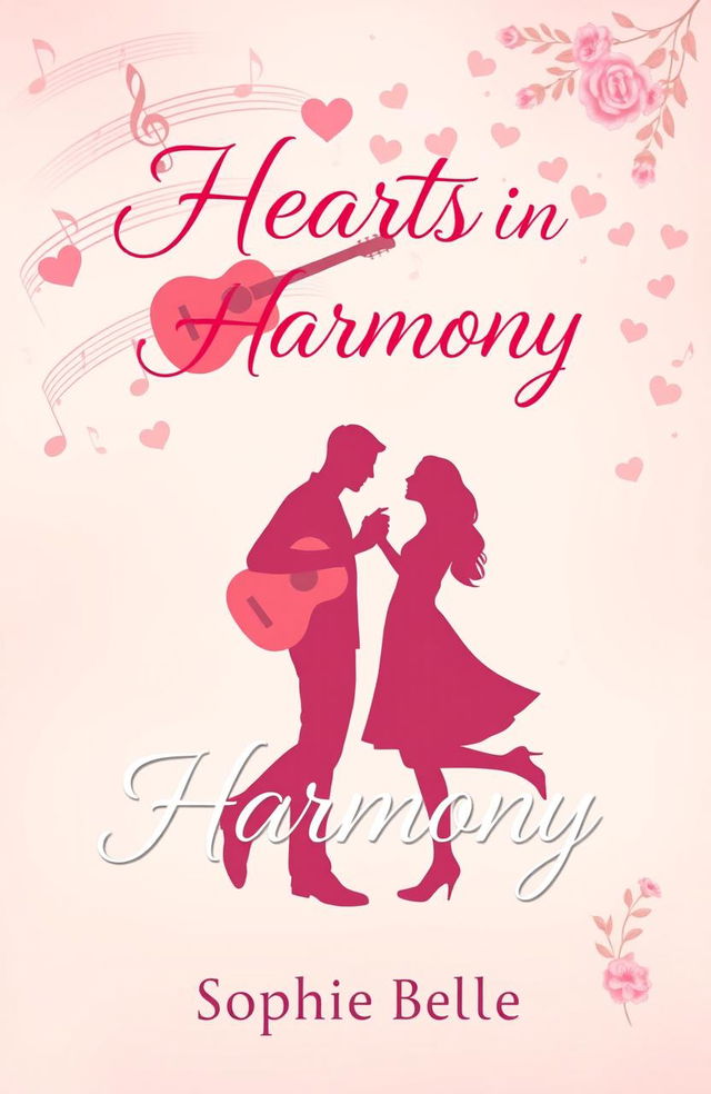 A romantic book cover titled 'Hearts in Harmony' by Sophie Belle, featuring a serene and pastel-colored background depicting musical notes entwined with heart shapes symbolizing love and healing