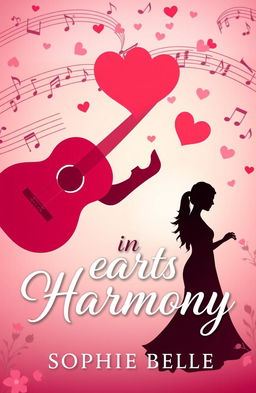 A romantic book cover titled 'Hearts in Harmony' by Sophie Belle, featuring a serene and pastel-colored background depicting musical notes entwined with heart shapes symbolizing love and healing