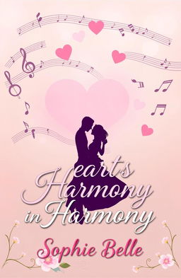 A romantic book cover titled 'Hearts in Harmony' by Sophie Belle, featuring a serene and pastel-colored background depicting musical notes entwined with heart shapes symbolizing love and healing