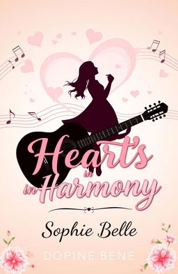 A romantic book cover titled 'Hearts in Harmony' by Sophie Belle, featuring a serene and pastel-colored background depicting musical notes entwined with heart shapes symbolizing love and healing