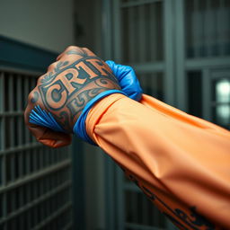 An extreme close-up scene depicting a large, muscular African American arm adorned with intricate prison tattoos