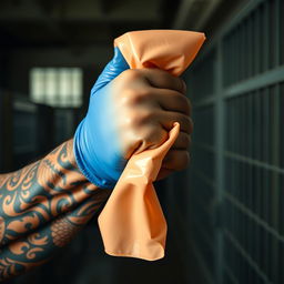 An extreme close-up scene depicting a large, muscular African American arm adorned with intricate prison tattoos