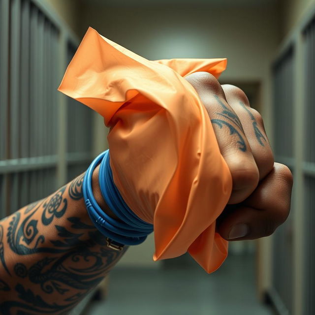 An extreme close-up scene depicting a large, muscular African American arm adorned with intricate prison tattoos